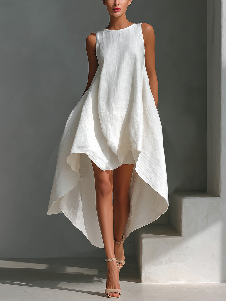 Women's flowy asymmetric midi dress with layered hem, perfect for summer casual wear.
