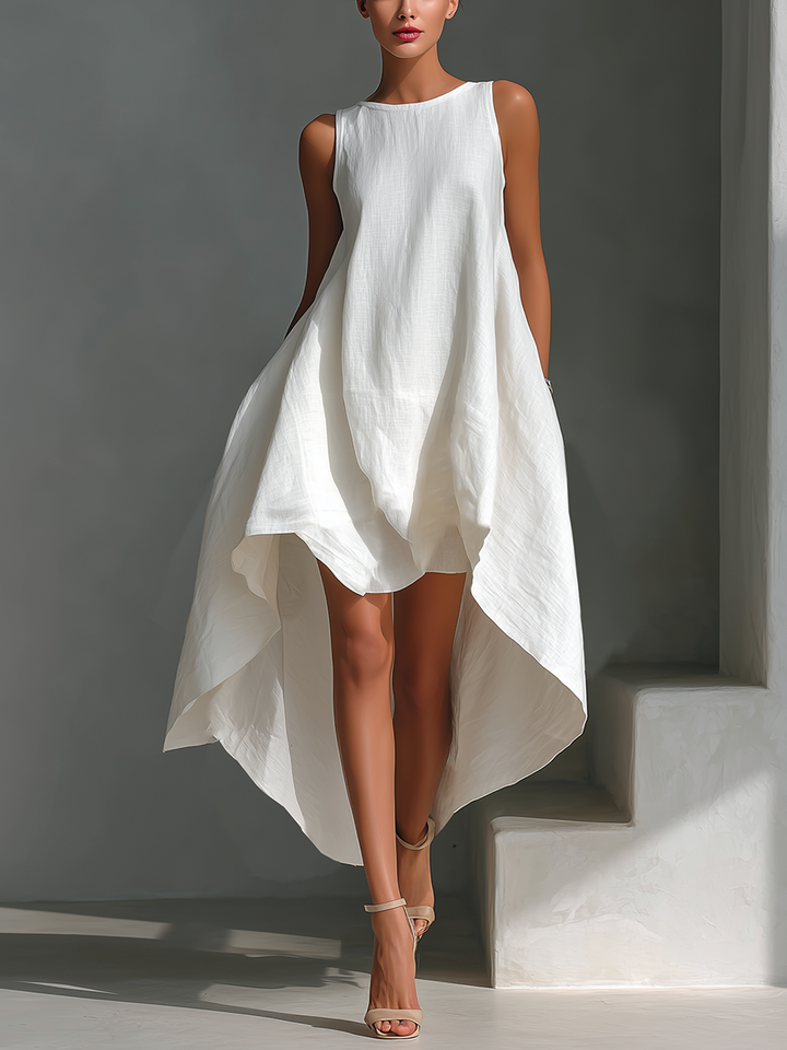Women's flowy asymmetric midi dress with layered hem, perfect for summer casual wear.