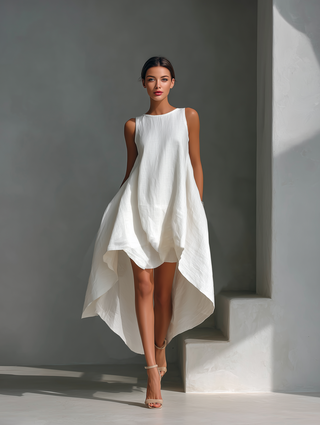 Beautiful women's midi dress, flowy fabric, sleeveless, and a unique asymmetric layered hem for summer style.