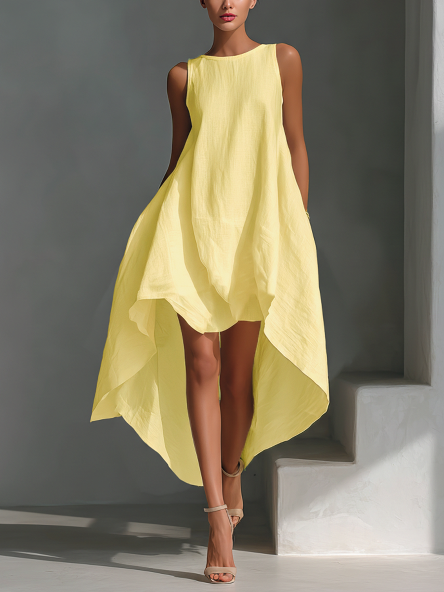 Shop women's flowy midi dress, sleeveless with a stylish asymmetric layered hem for your summer wardrobe.