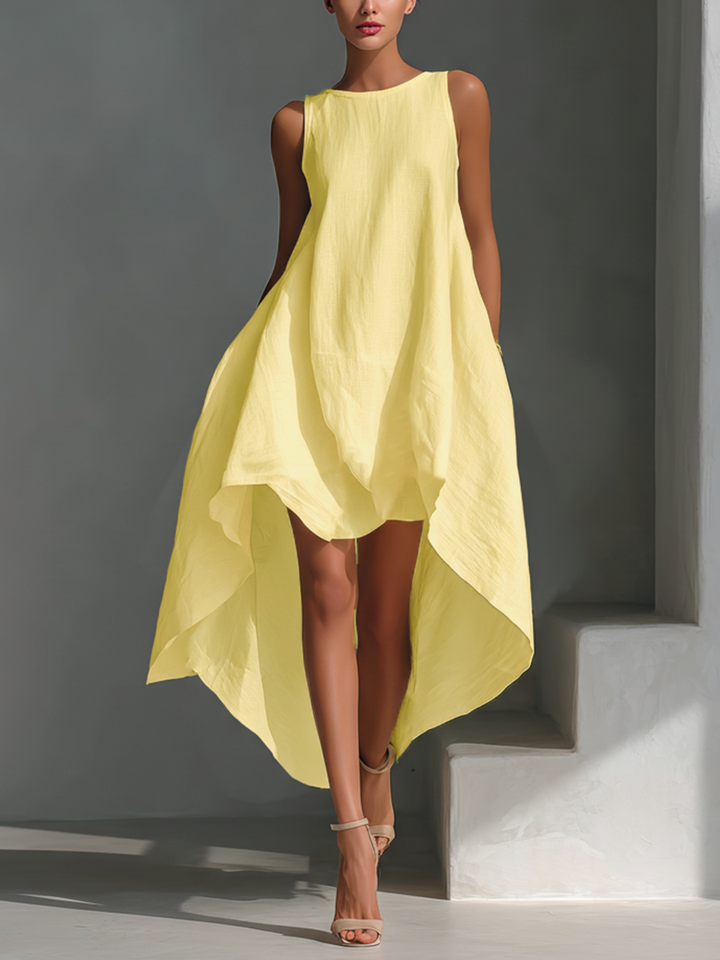 Shop women's flowy midi dress, sleeveless with a stylish asymmetric layered hem for your summer wardrobe.