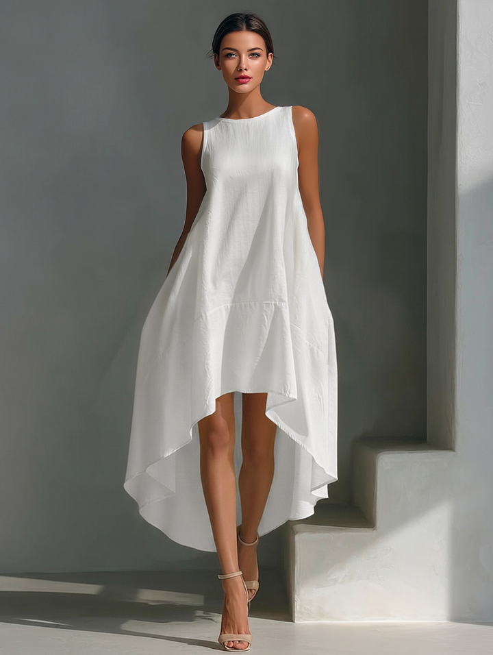 Stylish women's midi dress, sleeveless with a unique asymmetric & layered flowy hem. Versatile everyday fashion.