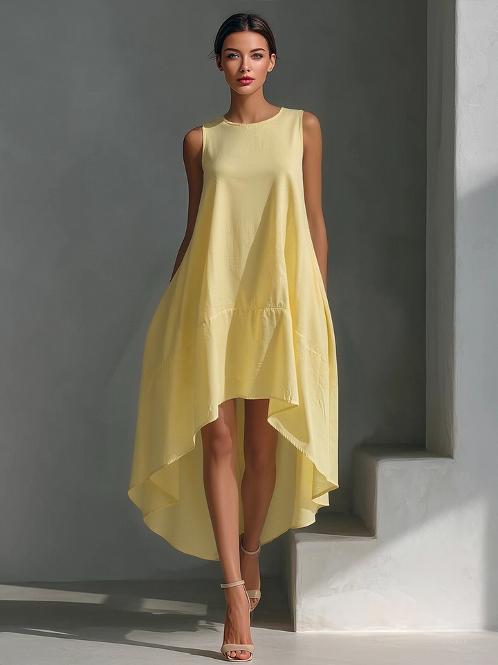 Round neck women's midi dress, flowy fabric, sleeveless design, and an elegant asymmetric layered hem.