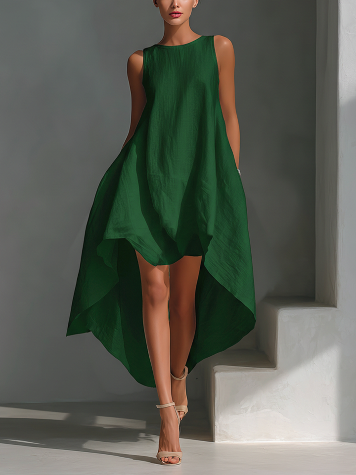 Elegant women's sleeveless midi dress, flowy design with a trendy asymmetric layered hem. Great for fashion.