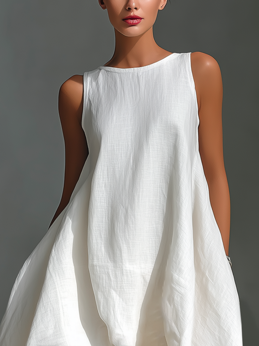 Modern women's midi dress with a distinctive asymmetric & layered hem, sleeveless and flowy for summer fashion.