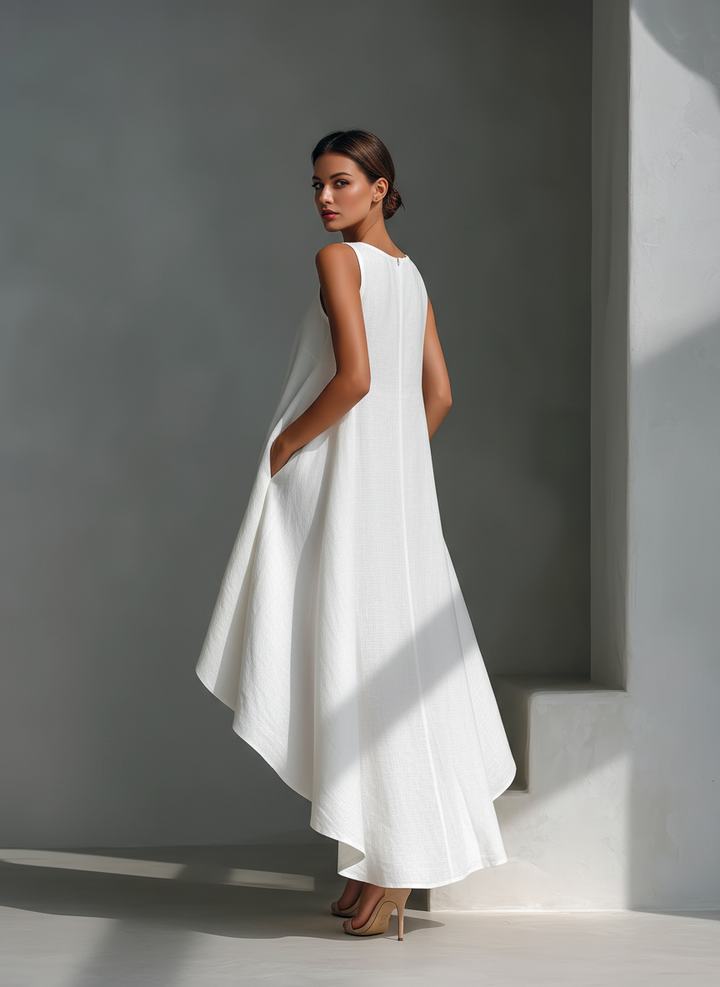 Graceful women's flowy midi dress, sleeveless, featuring an eye-catching asymmetric and layered hemline.