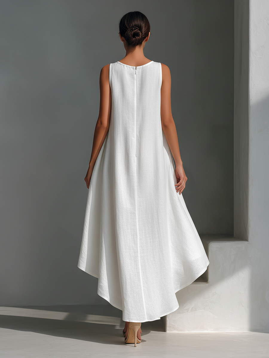Versatile women's midi dress, flowy & sleeveless, with a stylish asymmetric layered hem for casual or chic looks.