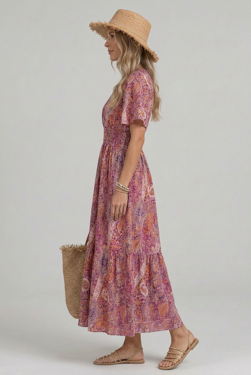 Elegant A-line paisley print maxi dress for women, featuring a smocked waist & flutter sleeves.