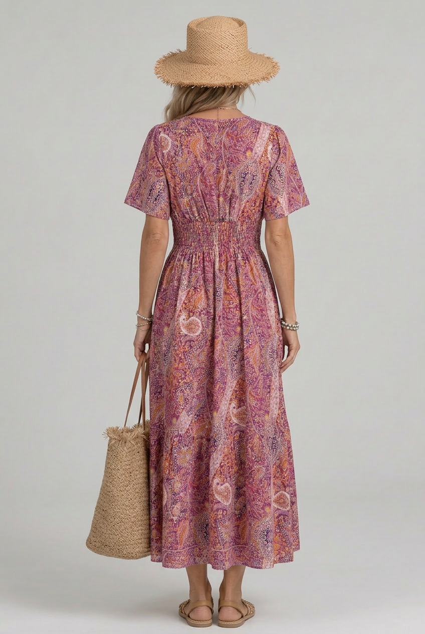Casual women's bohemian maxi dress with vibrant paisley print, smocked waist & flowy design.