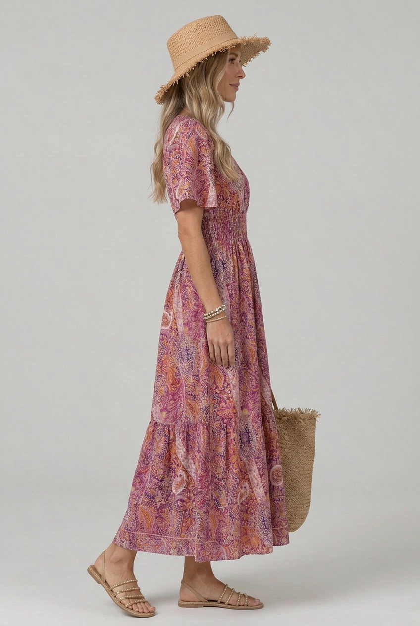 Vacation-ready V-neck maxi dress for women, featuring a stylish paisley print & comfortable smocked waist.