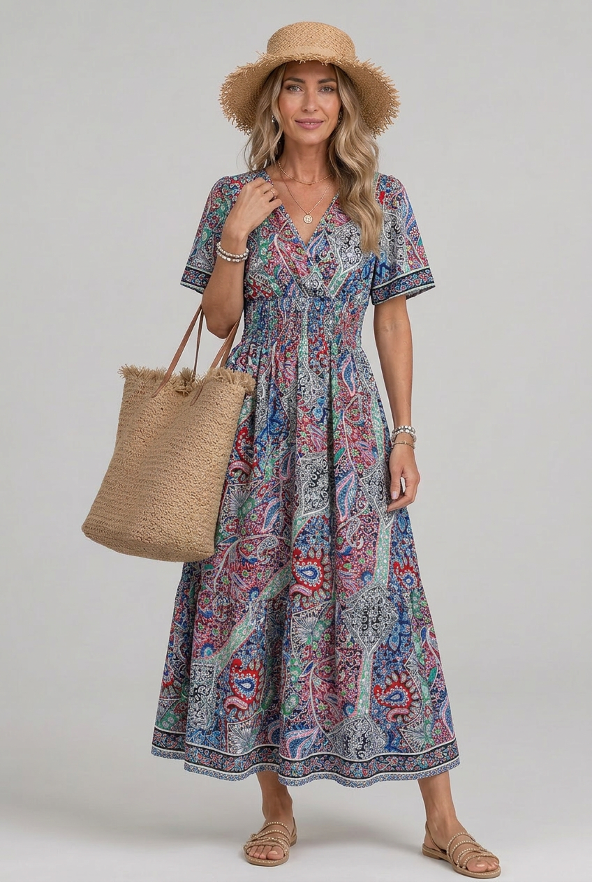 Stylish women's flowy A-line maxi dress in paisley print with elegant V-neck & smocked waist.