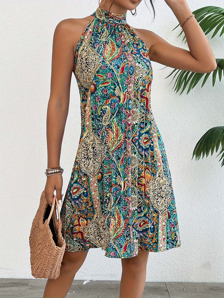 Effortless women's summer halter dress with a flowy boho design, great for casual wear, comfort, and vacation.