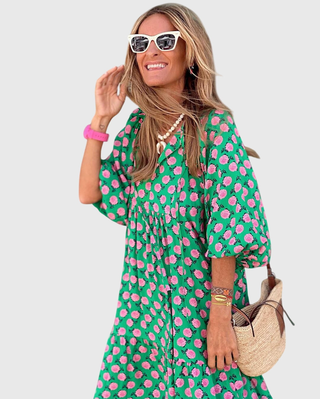 Comfortable women's boho maxi dress. Relaxed fit, long & flowy, great for summer fashion & effortless style.
