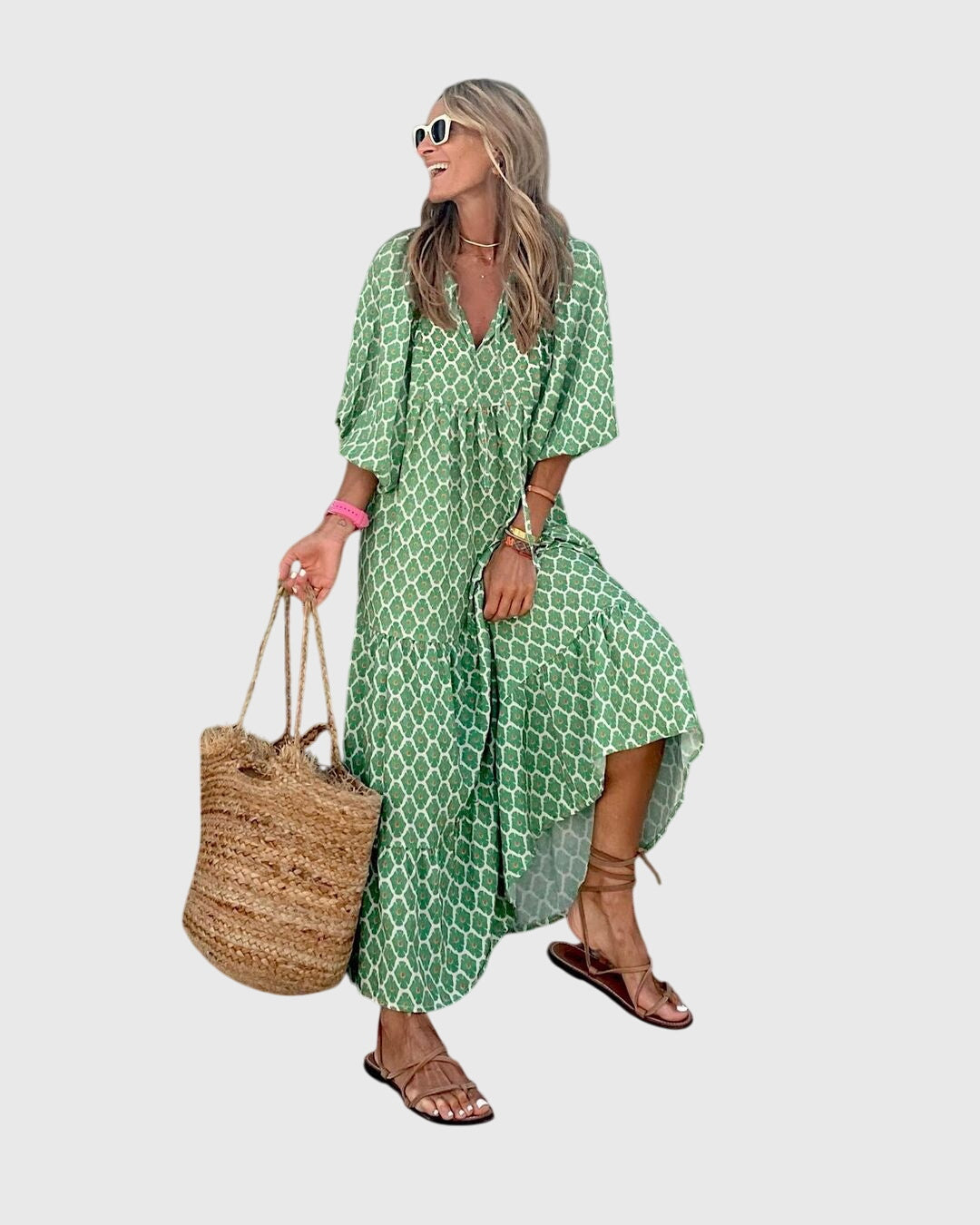 Elegant women's flowy maxi dress in a bohemian style. Perfect long dress for summer fashion & comfort.