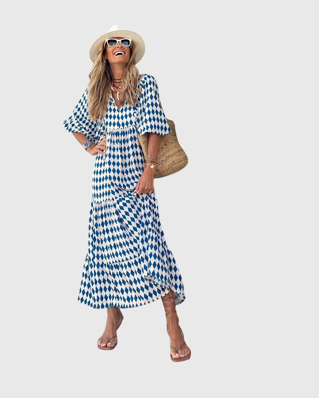Elegant women's long flowy dress. Bohemian style maxi, comfortable for casual summer fashion.