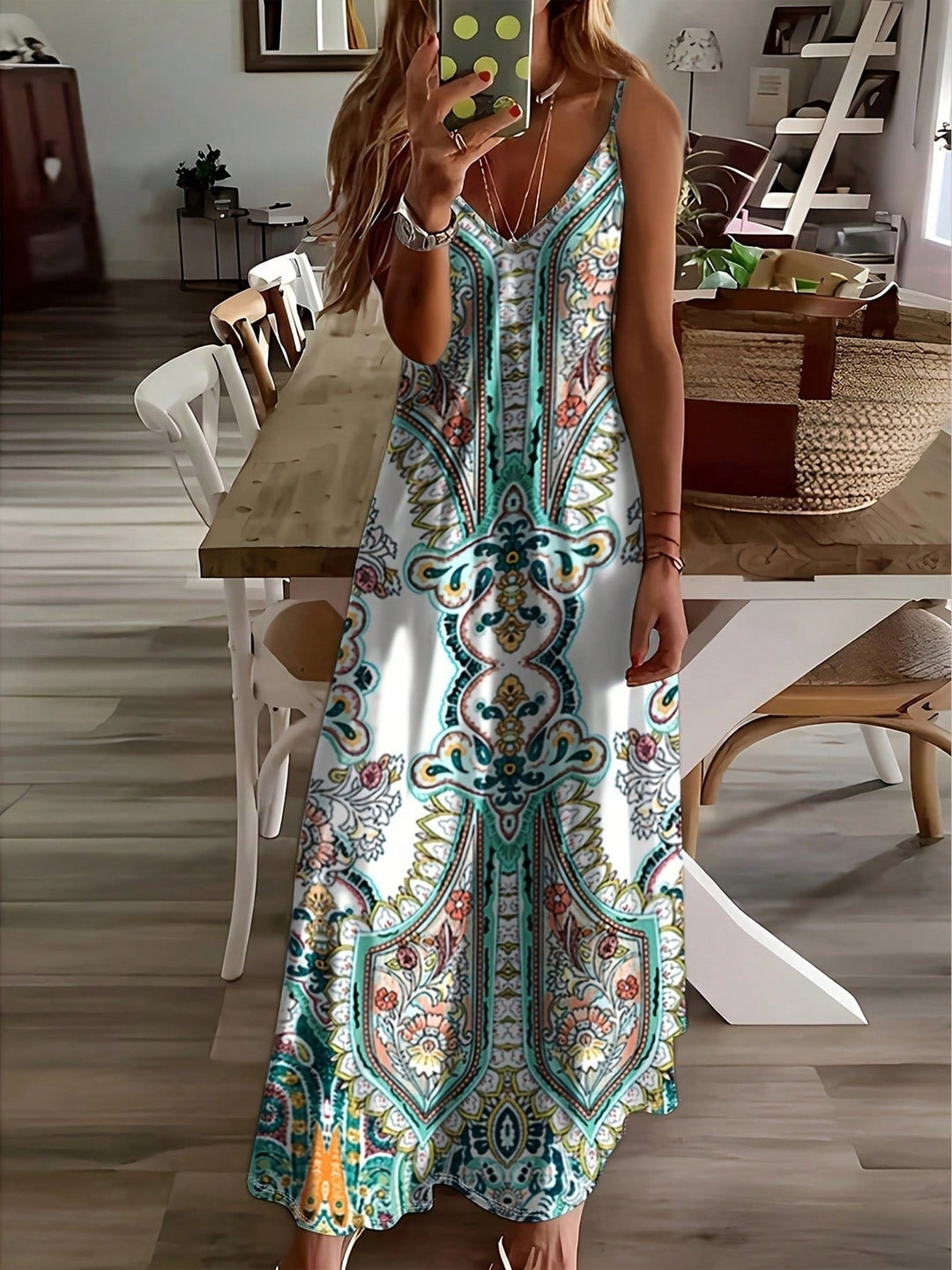 Long bohemian maxi dress for women, featuring a stylish V-neck and intricate paisley print. Flowy and perfect for vacation.