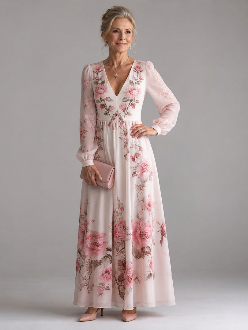 Women's flowy floral long sleeve midi dress with V-neck, perfect for elegant spring & summer everyday wear.