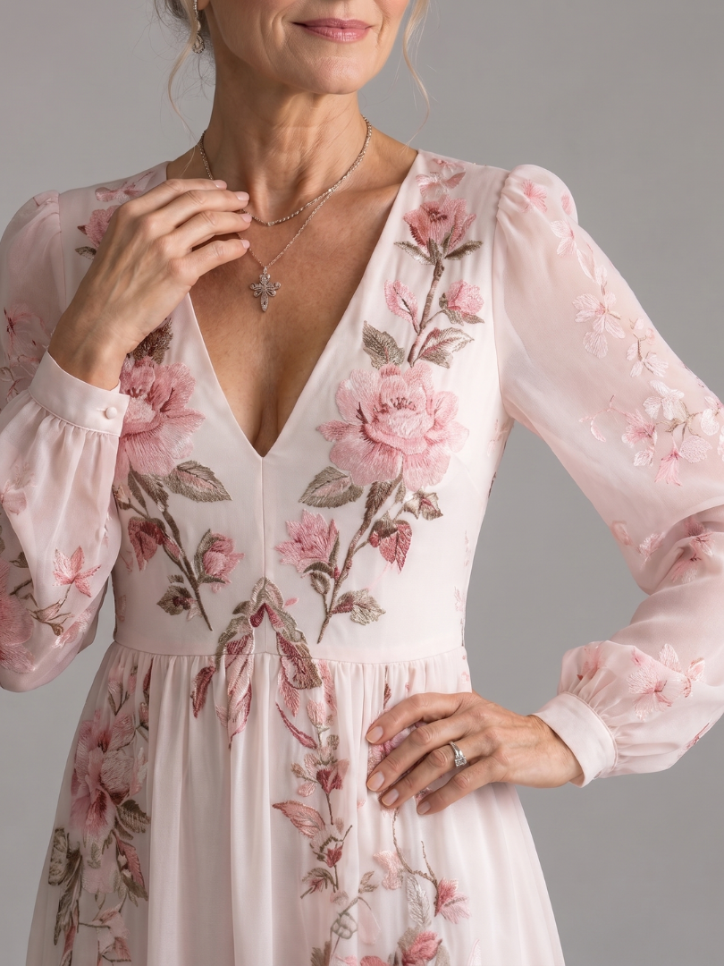Elegant women's long sleeve floral midi dress for effortless spring fashion & comfortable summer style. V-neck.