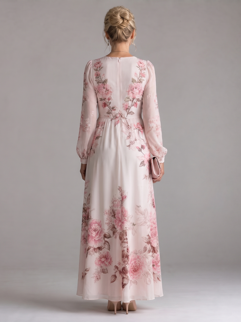 Stylish women's floral midi dress with long sleeves & V-neck. Relaxed fit for spring/summer casual & elegant wear.