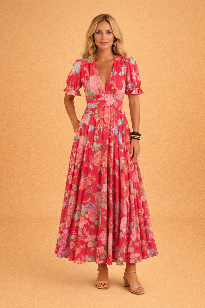 Elegant women's V-neck maxi dress featuring a vibrant floral print and flowy summer fabric.