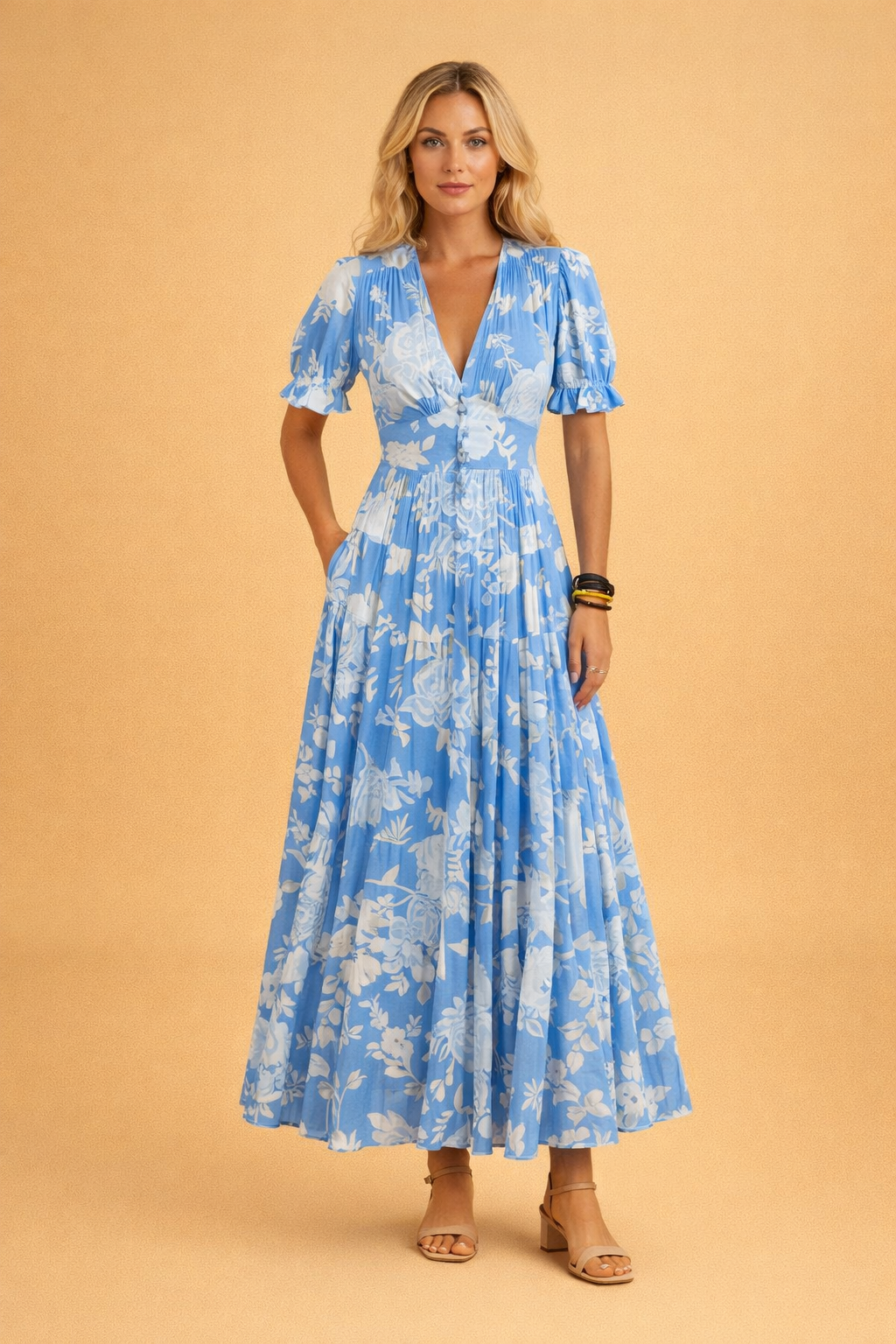 Chic long floral V-neck maxi dress for women, ideal for a comfortable and stylish summer boho look.