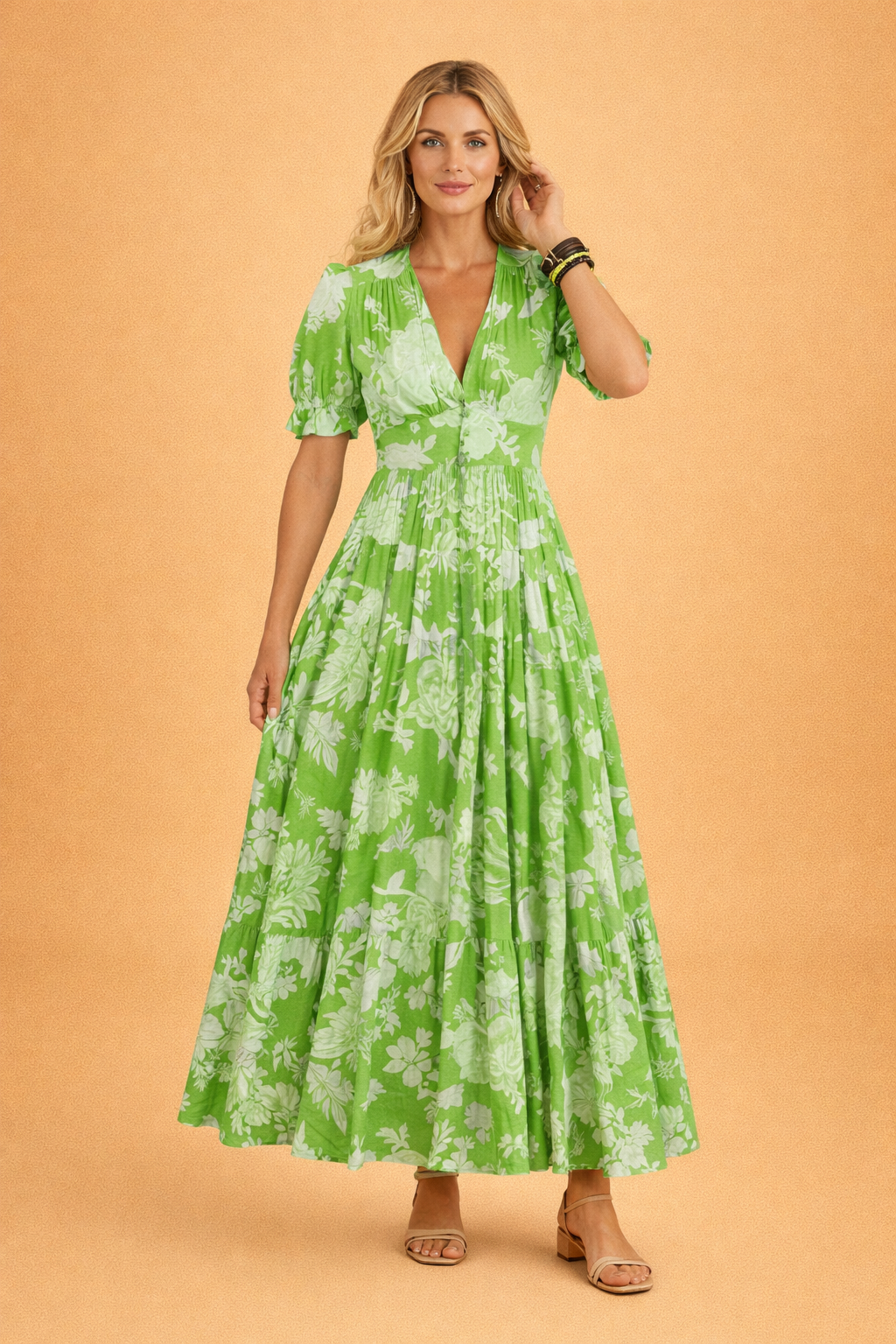 Full-length shot of a women's boho floral maxi dress, showcasing its flowy silhouette and V-neck.