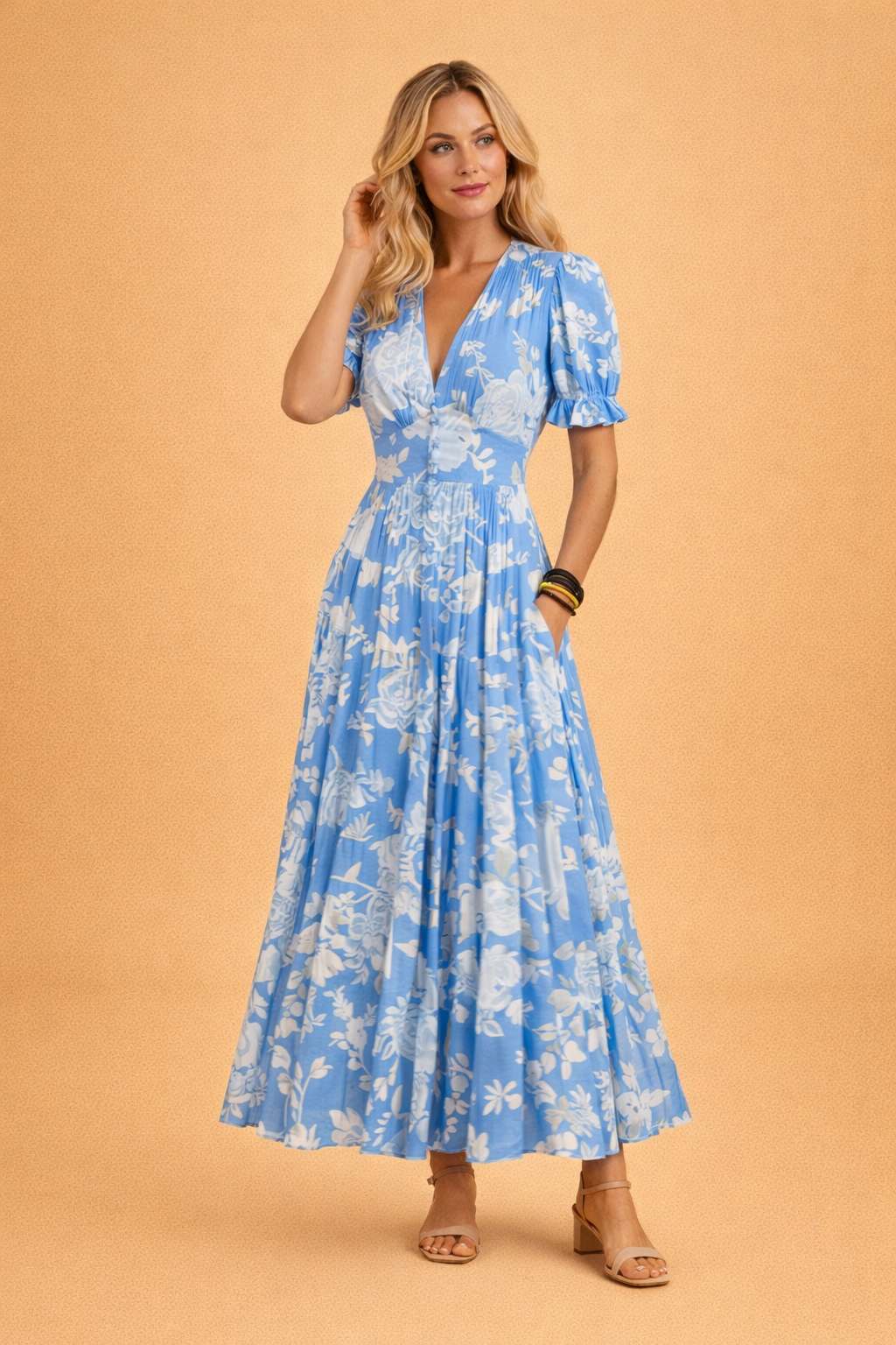 Comfortable women's flowy V-neck maxi dress with a beautiful floral pattern, great for long summer days.