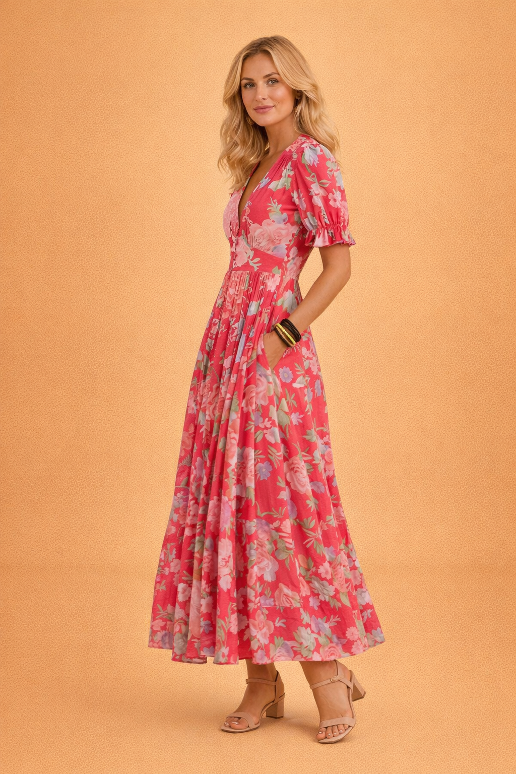 Stylish women's long summer dress: a vibrant floral, flowy maxi with a flattering V-neck design.