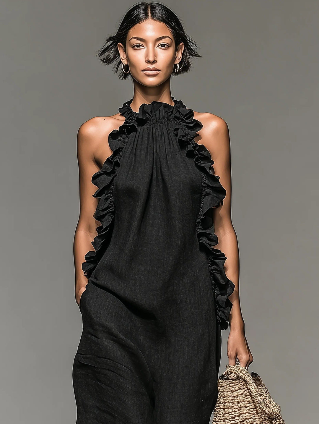 Chic women's flowy halterneck maxi dress with elegant ruffles, perfect for summer casual & daytime wear.