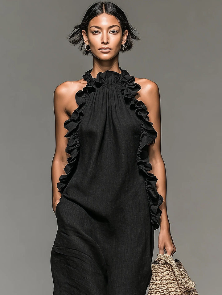 Chic women's flowy halterneck maxi dress with elegant ruffles, perfect for summer casual & daytime wear.