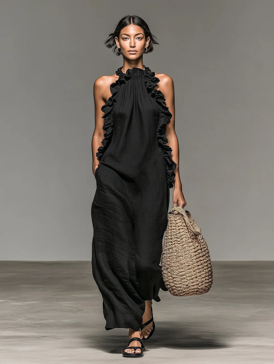 Effortlessly elegant women's flowy halterneck ruffle maxi dress, perfect for summer outings and beach.