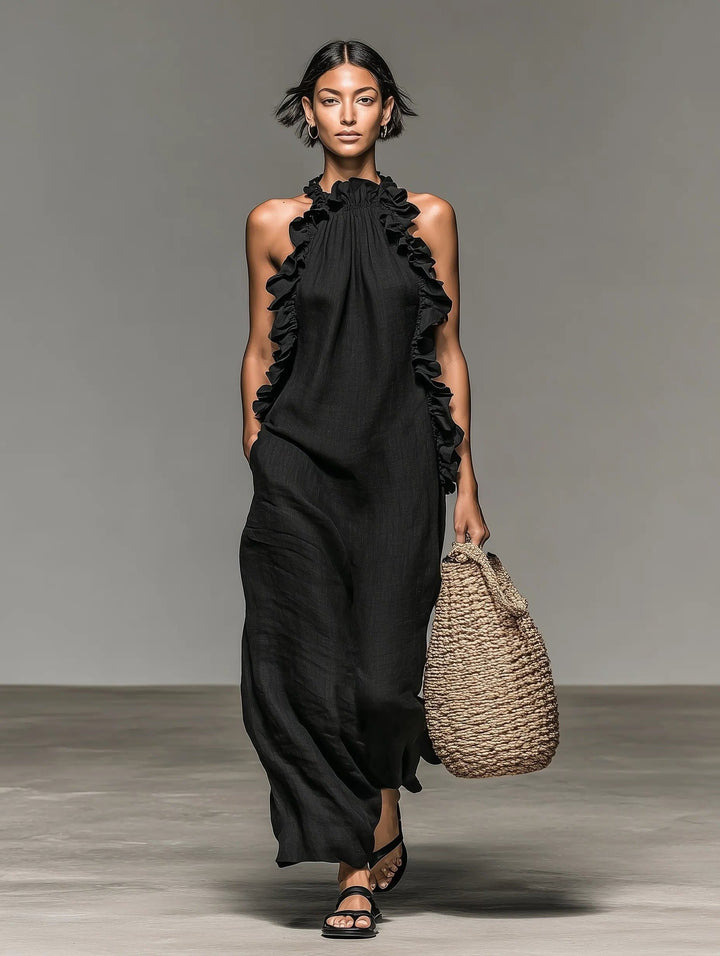 Effortlessly elegant women's flowy halterneck ruffle maxi dress, perfect for summer outings and beach.