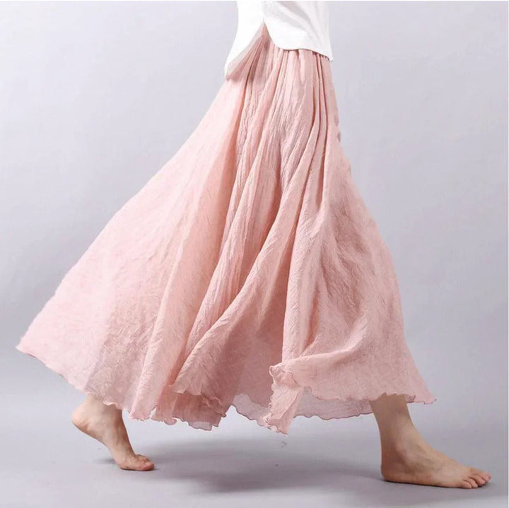 Textured image of a women's flowy maxi skirt, perfect for casual chic or beachwear. High-waisted bohemian style.