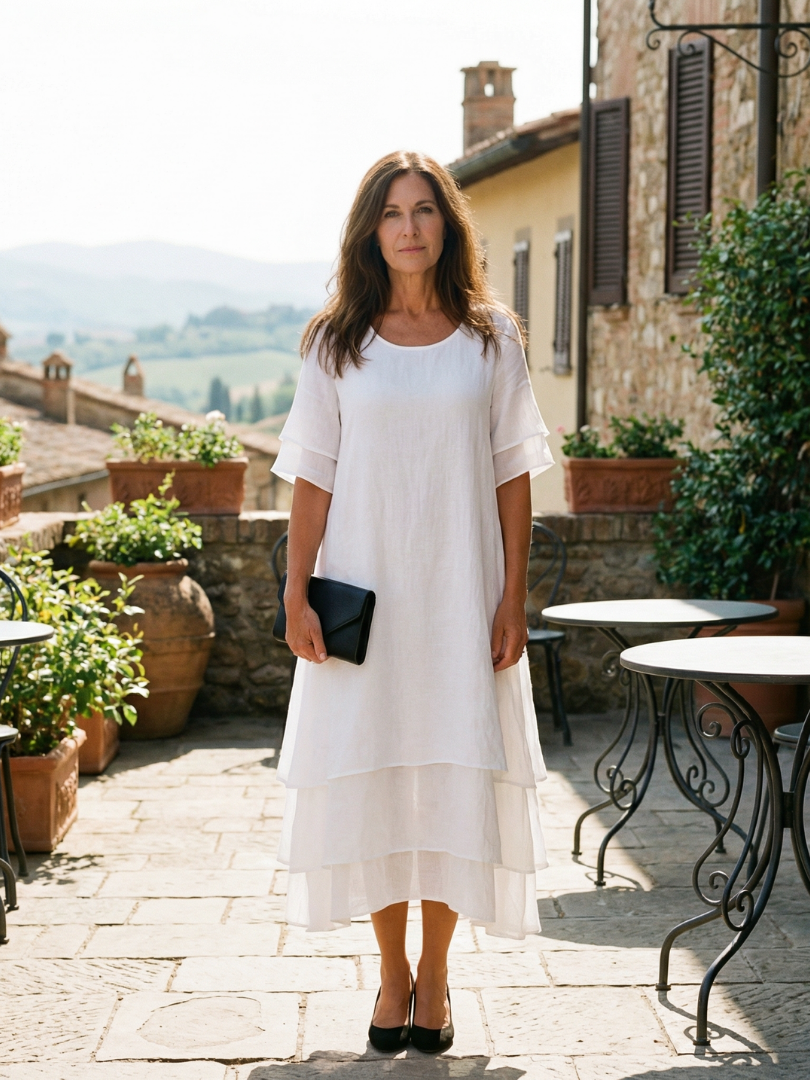 Women's flowy layered midi dress with short sleeves, perfect for summer casual wear.