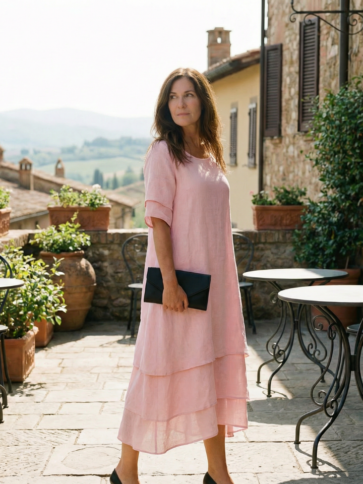 Ideal summer casual women's dress, a flowy layered midi with short sleeves for ultimate comfort.