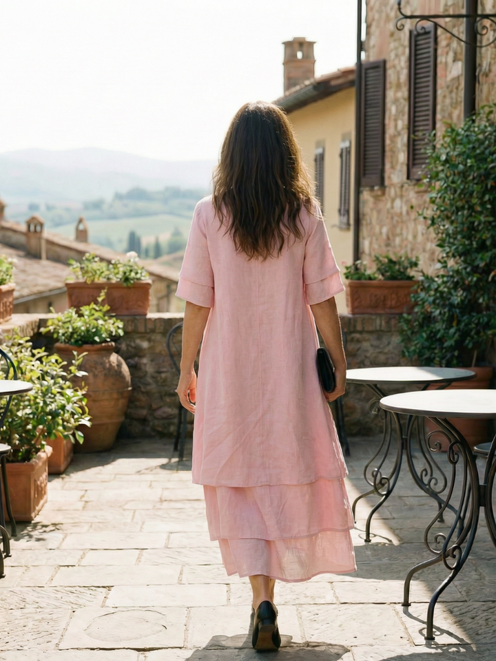 Everyday women's flowy midi dress, layered design, short sleeves, easy pull-on style for comfort.