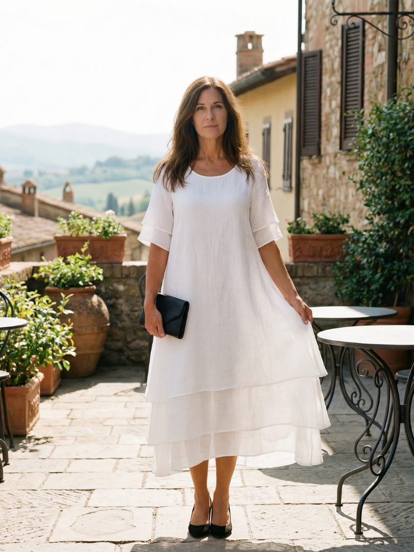 Comfortable women's flowy layered midi dress with short sleeves, relaxed fit for everyday.
