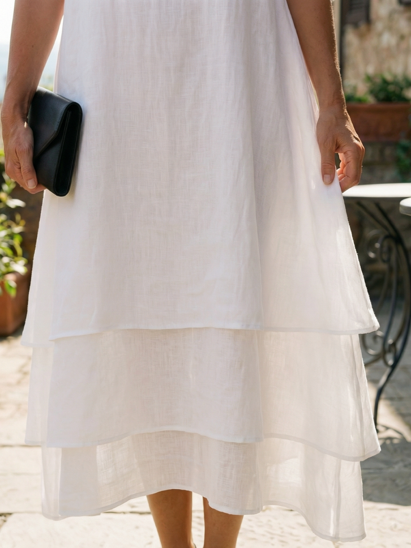 Relaxed fit women's flowy midi dress with round neck, short sleeves, ideal for everyday comfort.