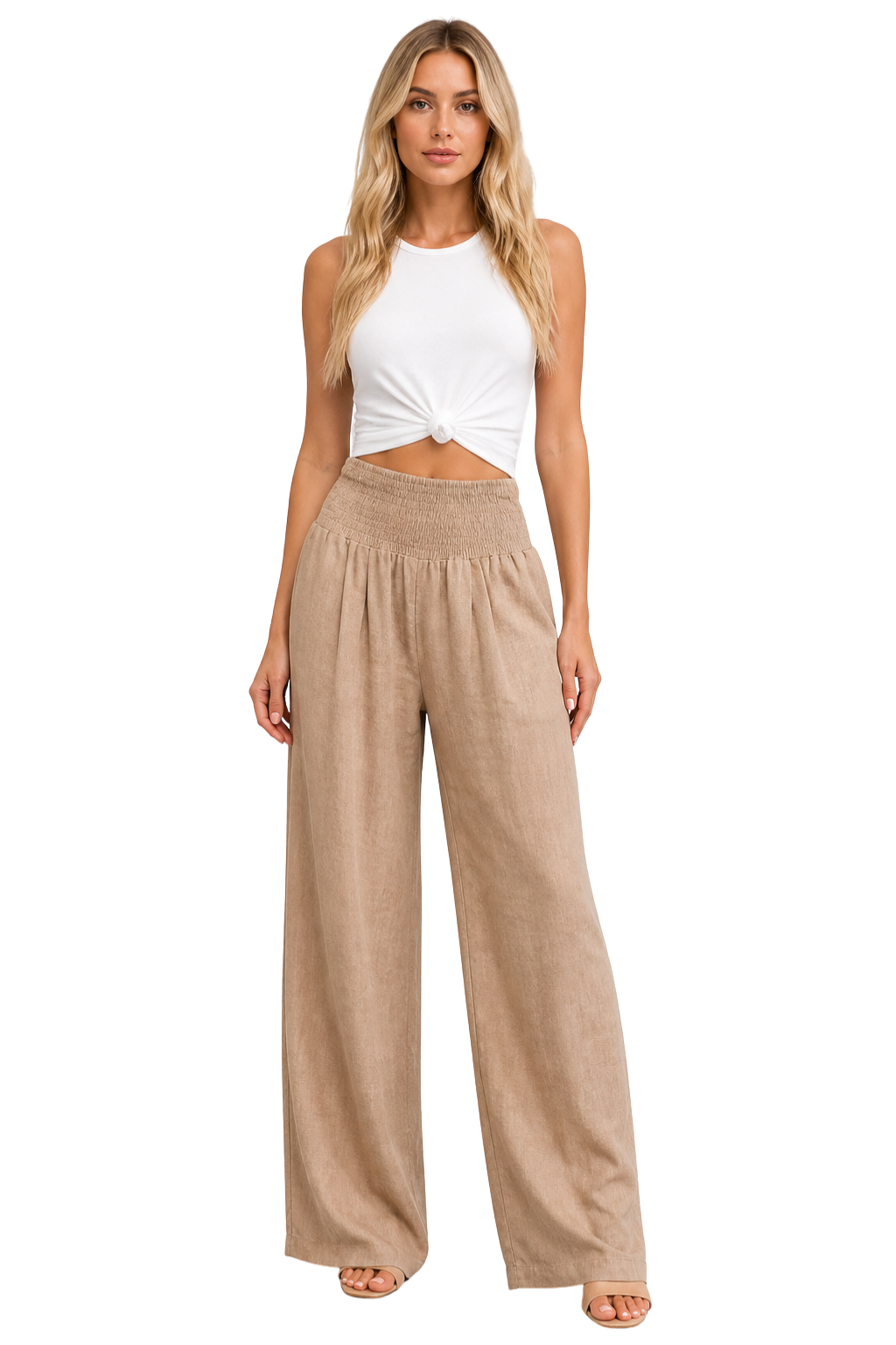 Women's flowy linen wide-leg trousers with shirred waist, perfect for summer casual wear.