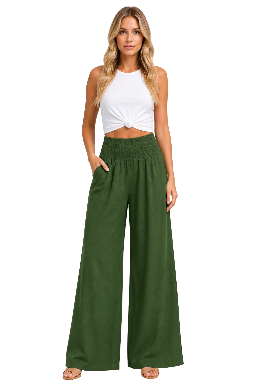 Chic women's flowy linen trousers, perfect for summer fashion and versatile casual outfits.
