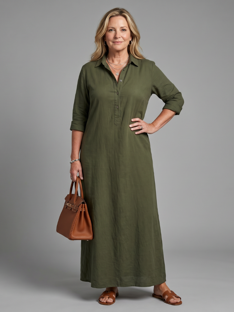 Women's flowy long sleeve relaxed maxi dress with collar & button front, perfect for casual elegance.