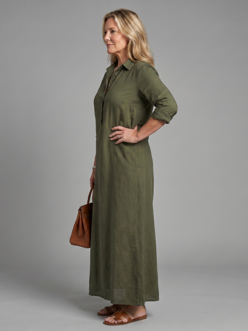 Versatile women's relaxed fit maxi dress, long sleeve & flowy, ideal for spring/summer casual or elegant wear.