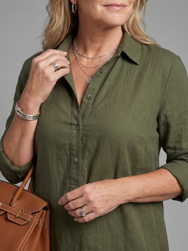Comfortable long sleeve flowy maxi dress for women, relaxed fit, collared with button front. Casual yet chic.