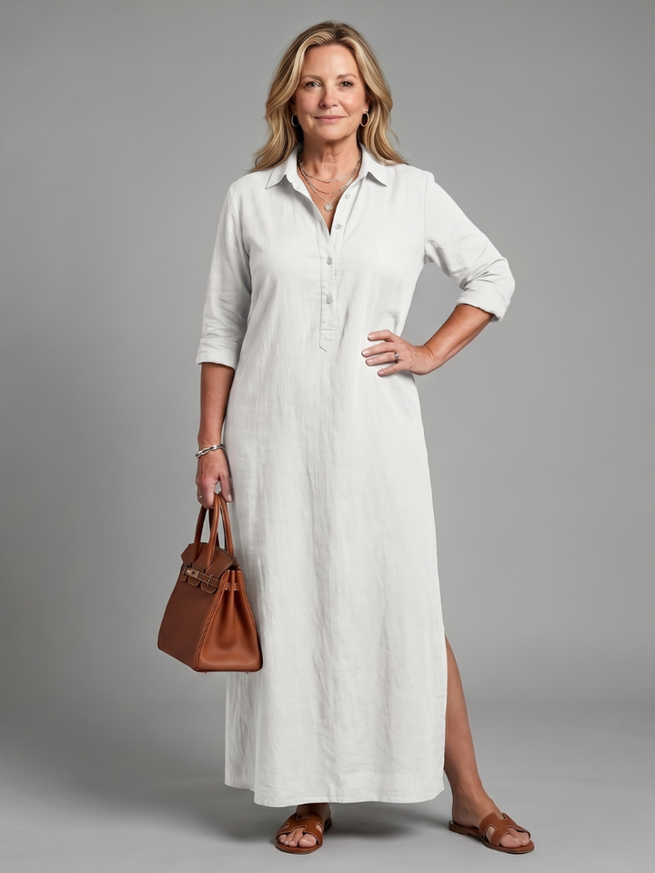 Stylish women's spring/summer flowy maxi dress, long sleeve, relaxed fit, button front, great for daily wear.