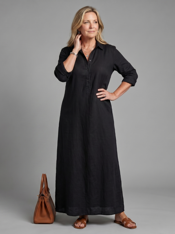 Relaxed fit, flowy maxi dress for women with long sleeves & collared button front. A comfortable elegant choice.