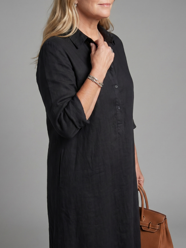 Women's elegant long sleeve flowy maxi dress. Relaxed fit with a collared, button-front design. Spring/summer.