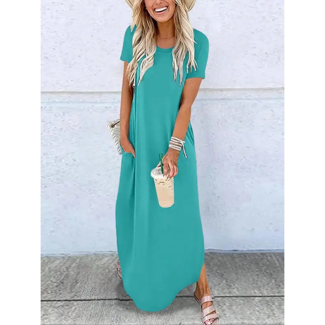 Comfortable women's round neck flowy maxi dress, a chic summer essential for casual outings and vacation style.
