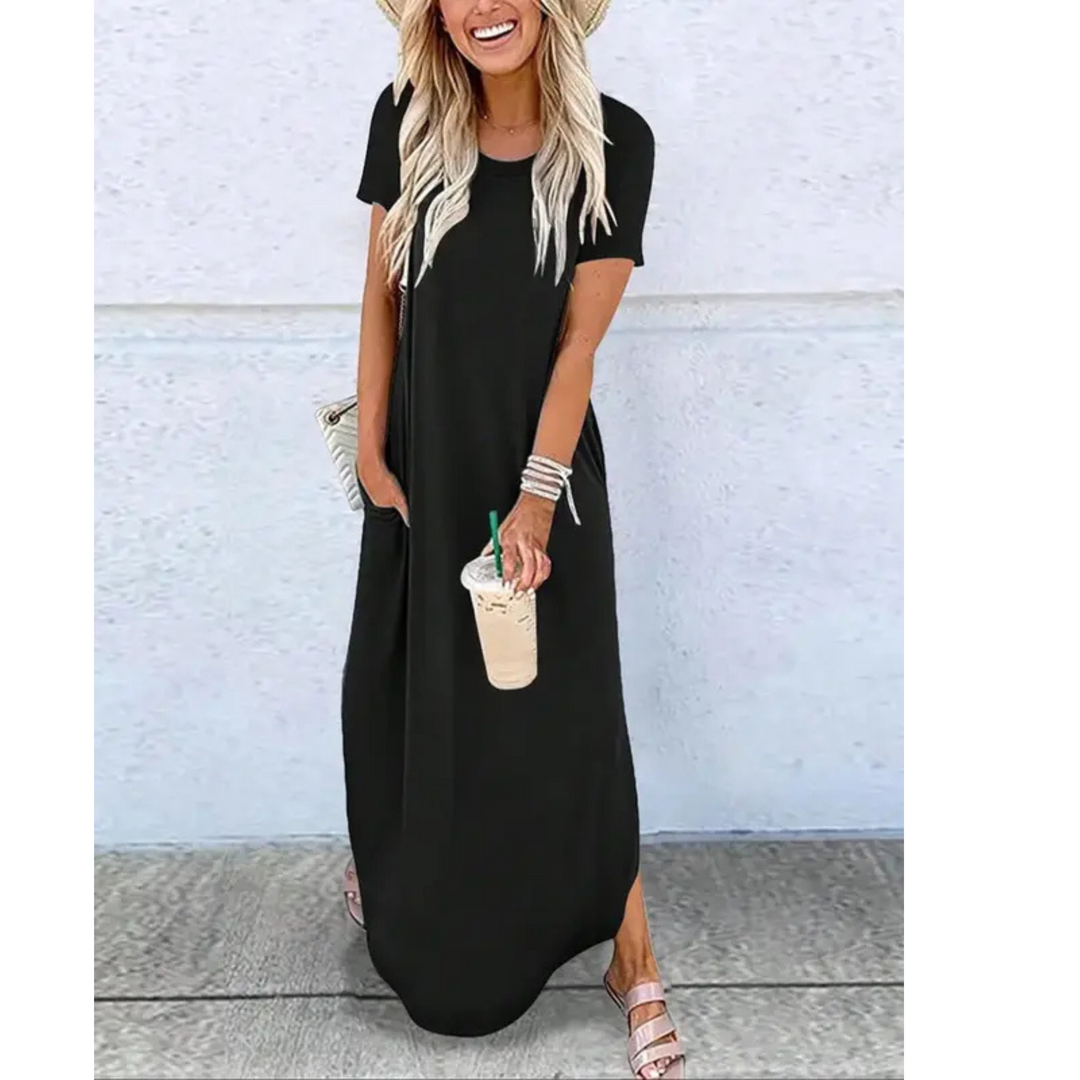 Stylish women's flowy maxi dress for summer. A versatile round neck design, great for beach, vacation & everyday.