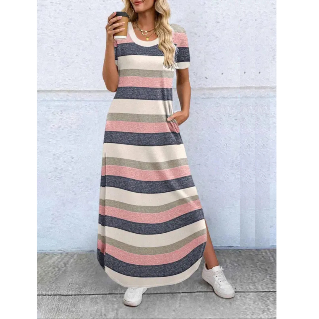 Everyday women's flowy maxi dress with a comfy round neck. Ideal casual summer wear for beach and vacation comfort.