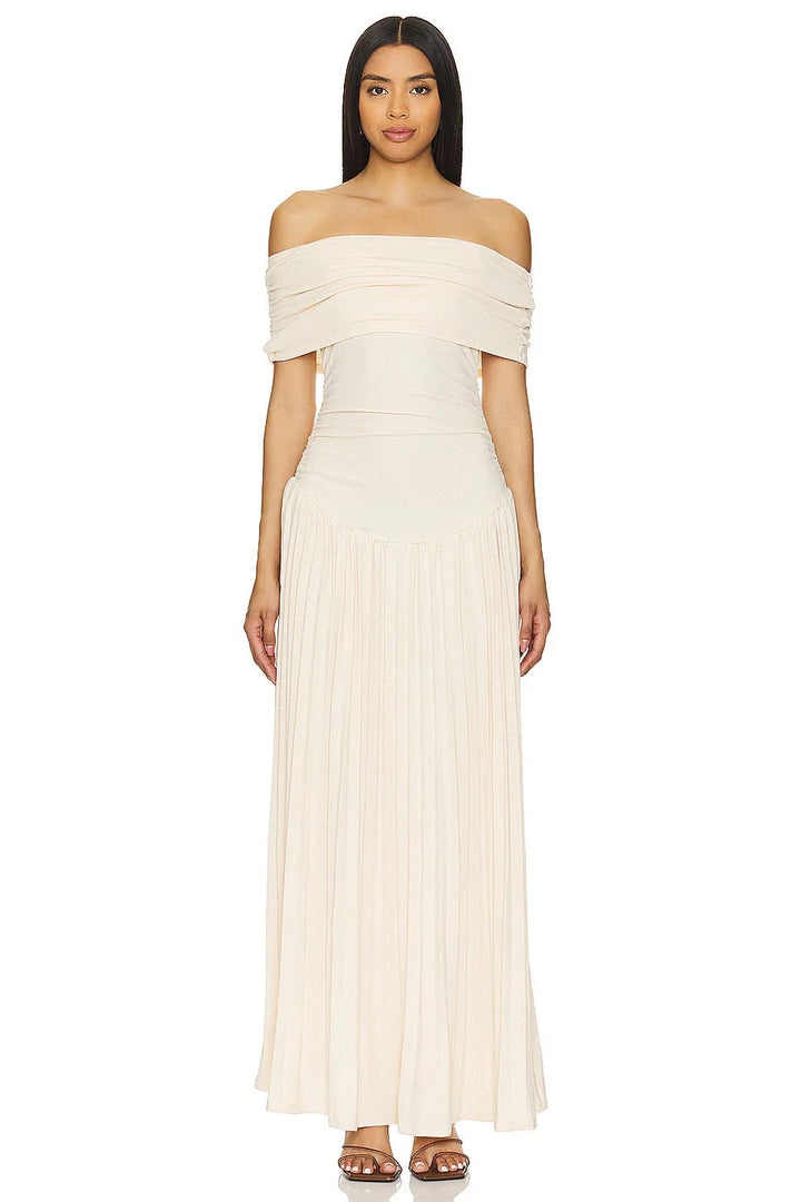 Sky blue casual off-shoulder flowy maxi dress, summer essential.